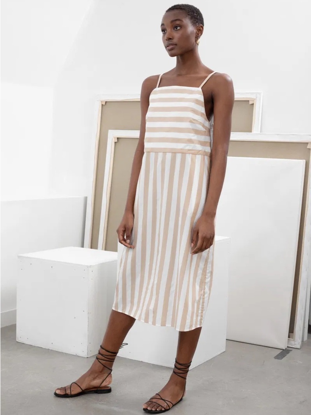 & Other Stories Cotton Midi Dress in Beige and White